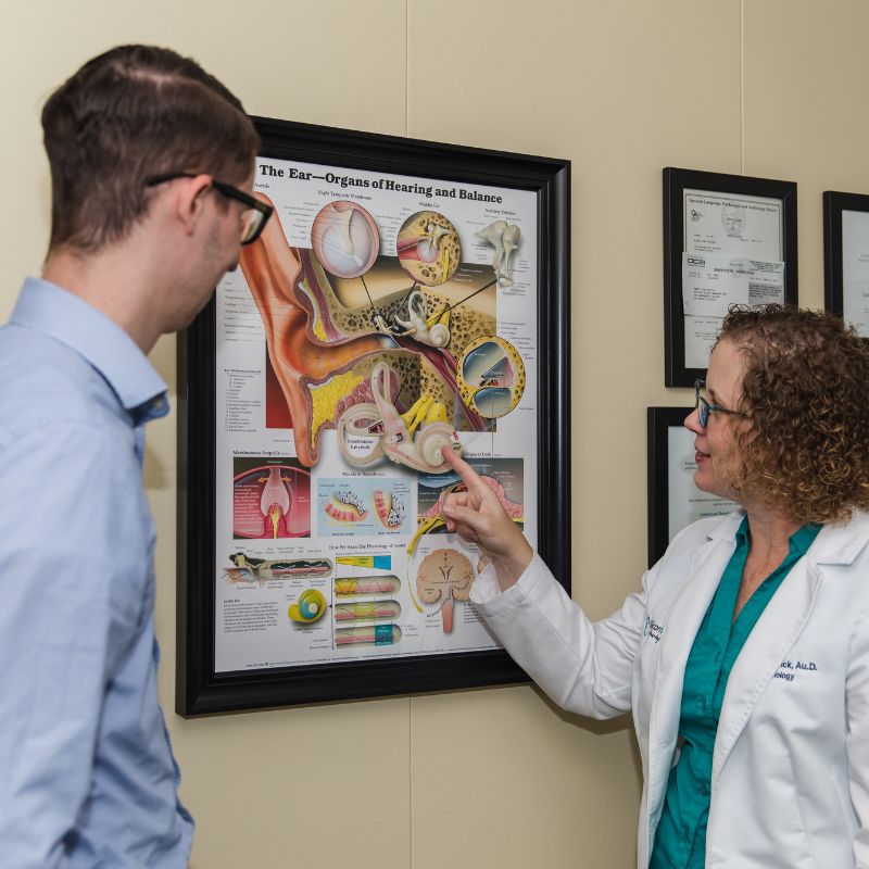 Dr. Novick pointing to an ear anatomy poster while a patient looks on